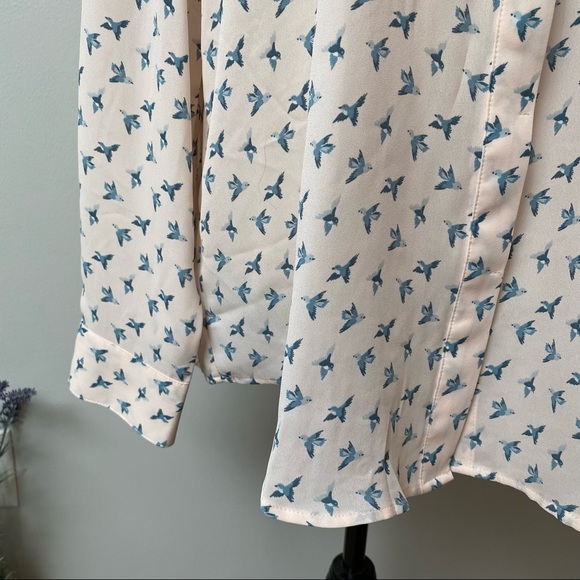 LOFT Bird Print Button Front Ruffle Neck Blouse Light Pink Blue - Picture 6 of 12